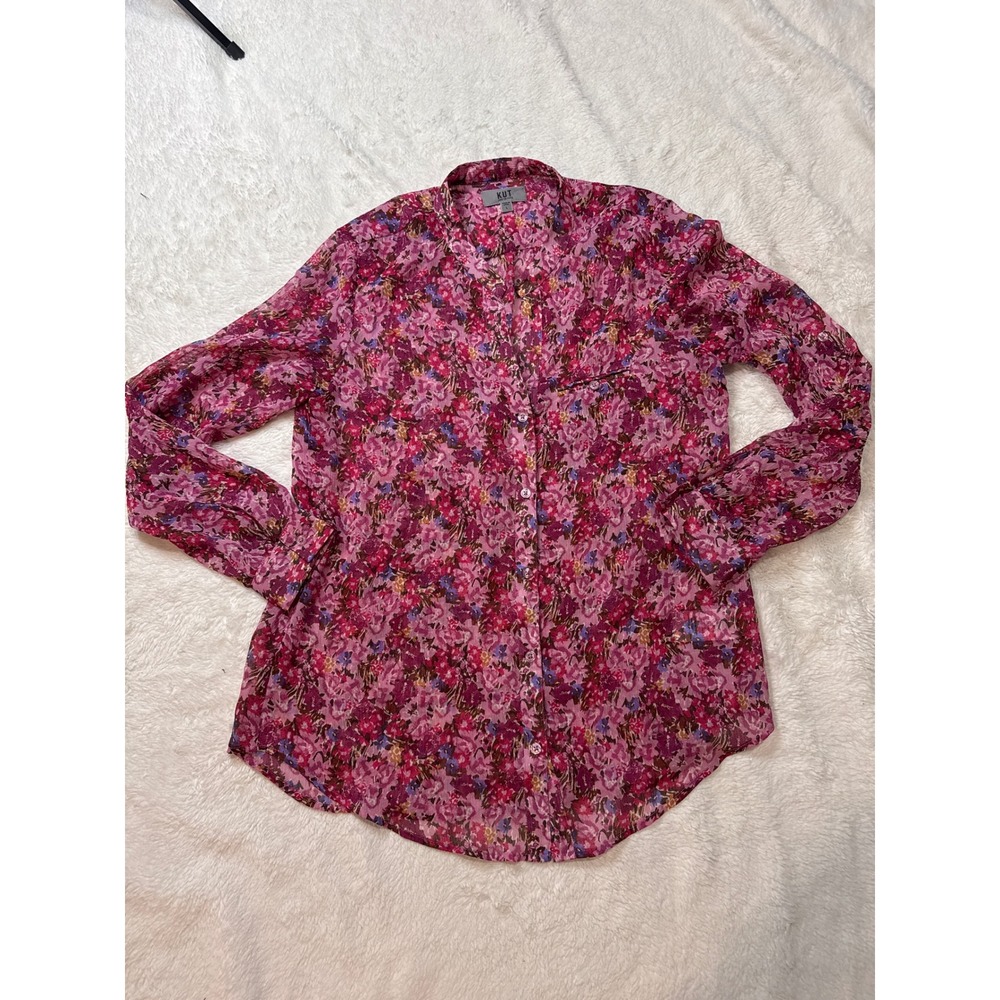 KUT from the Kloth Floral Button Down Women Large Pink Excellent Sheer Chiffon